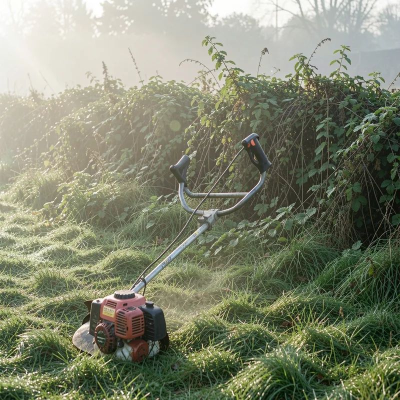 Débroussailleuse thermique posée en bordure d&rsquo;une parcelle enfrichée au petit matin