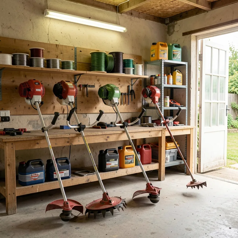 Atelier de motoculture avec débroussailleuses alignées et pièces détachées sur l&rsquo;établi