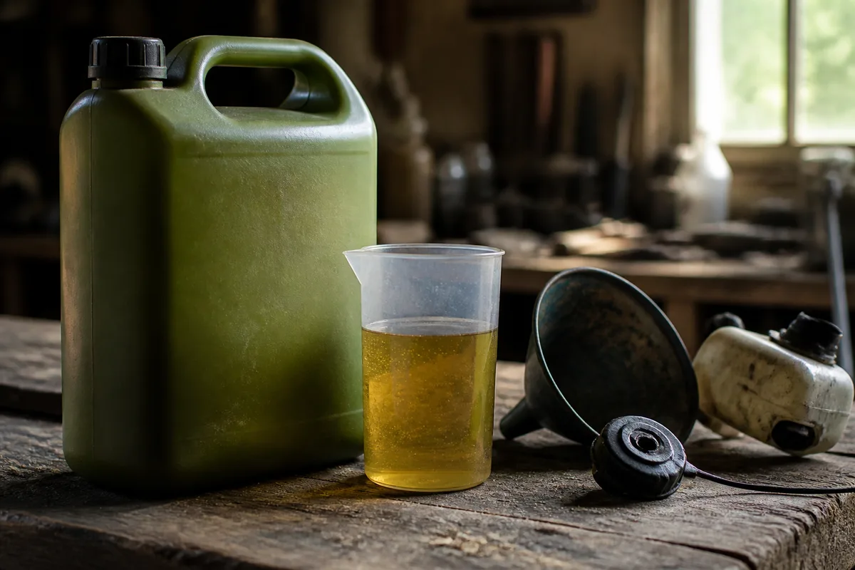 Bidon de carburant deux-temps et doseur gradué posés sur un établi d&rsquo;atelier de motoculture