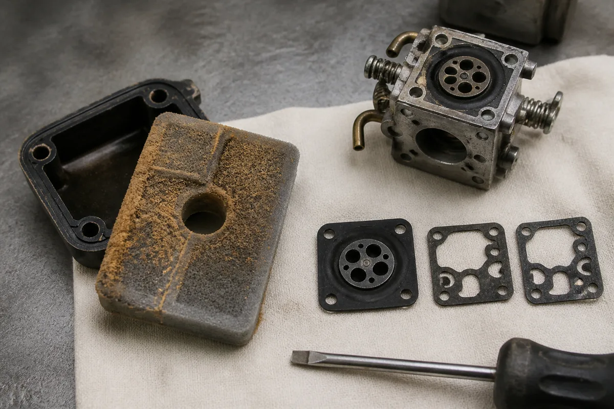 Filtre à air de débroussailleuse démonté à côté du carburateur et de sa membrane