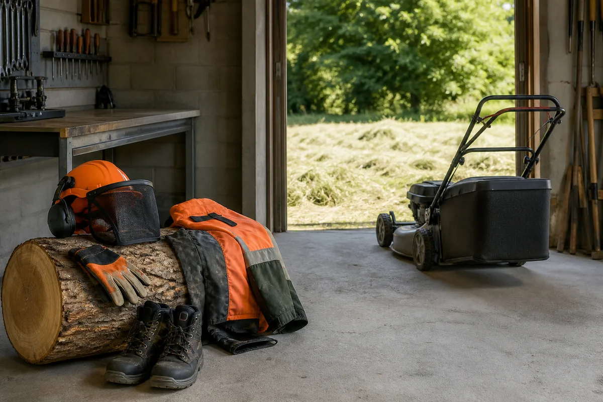Équipement de protection complet pour le tronçonnage posé près d&rsquo;une bille de bois