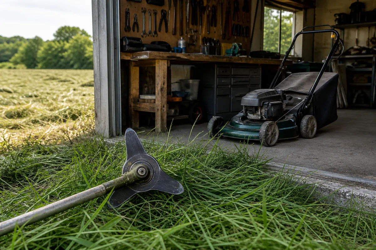 Tête de débroussailleuse équipée d&rsquo;une lame trois dents posée dans l&rsquo;herbe haute