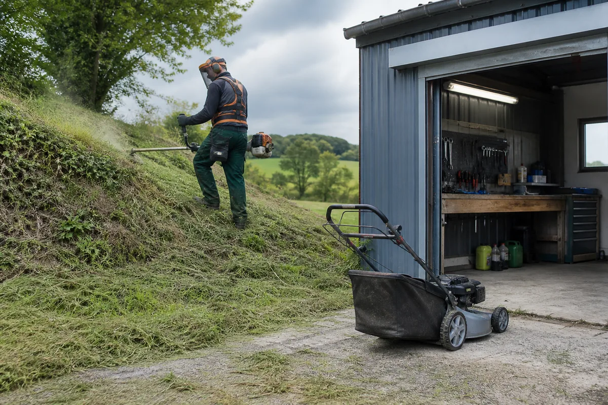 Opérateur équipé d&rsquo;un harnais double sangle et d&rsquo;une visière débroussaillant un talus