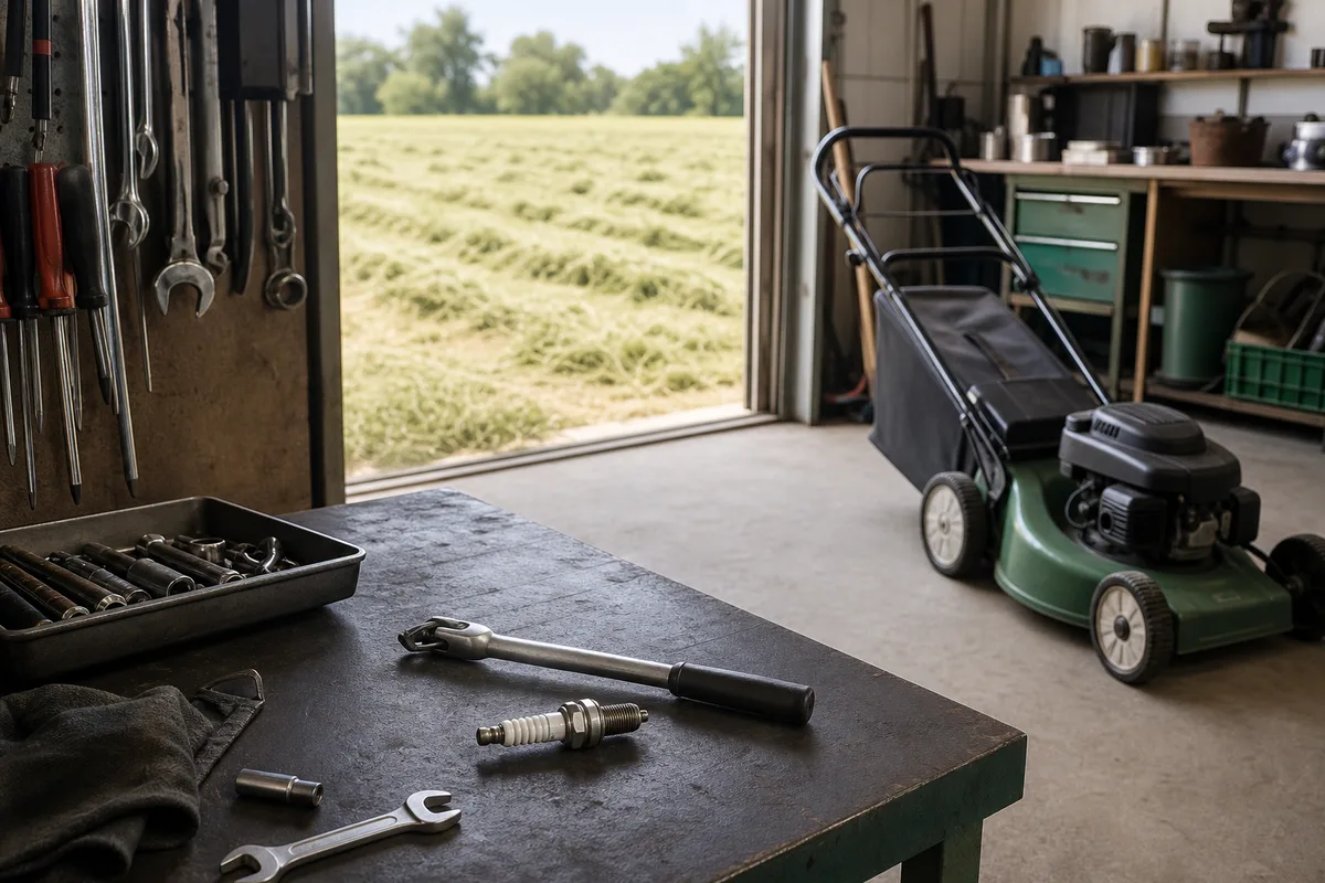 Établi avec outillage de mécanique et bougie déposée d&rsquo;un moteur de motoculteur