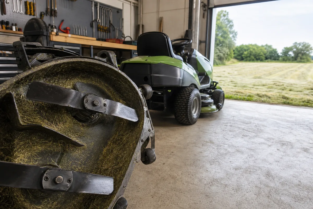Dessous d&rsquo;un plateau de coupe d&rsquo;autoportée avec lames et résidus d&rsquo;herbe séchée