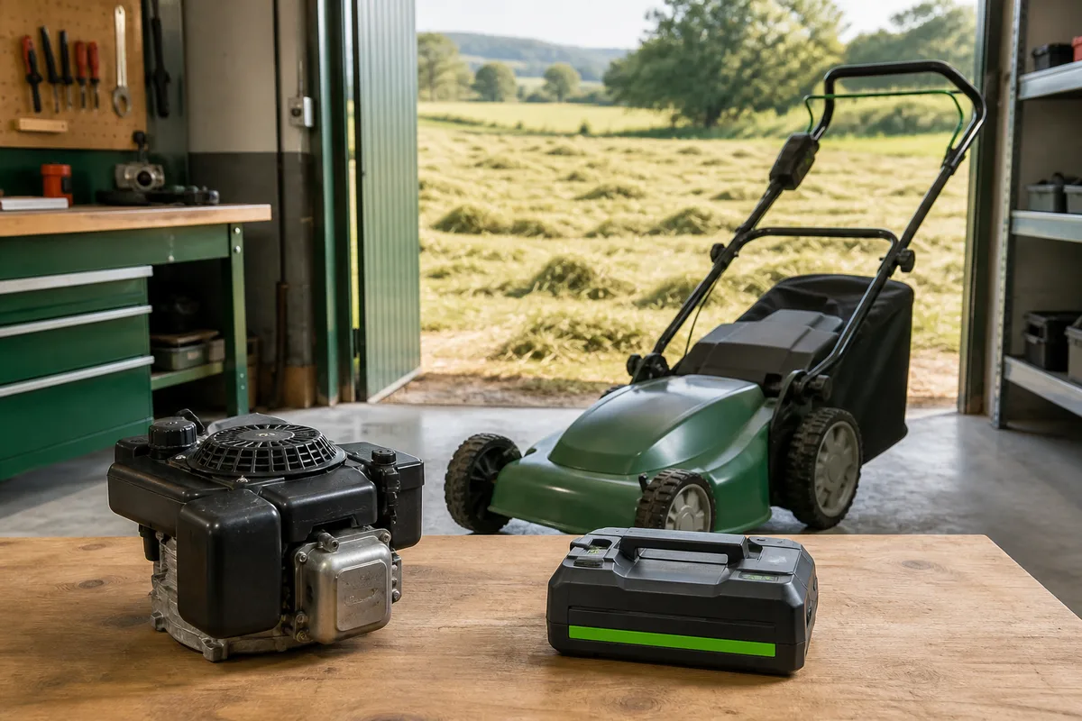 Comparaison visuelle entre un moteur thermique de tondeuse et un bloc batterie amovible